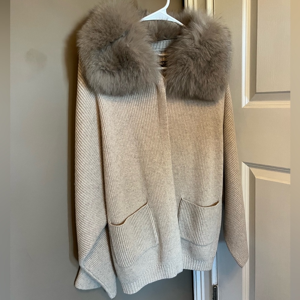 Max and Moi cashmere cardigan with blue fox fur collar
